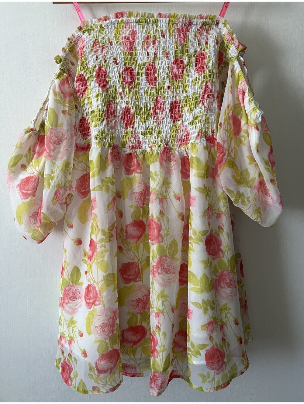 Betsey Johnson White/Pink/Green Floral Smocked Off-Shoulder Puff Sleeve Mini L